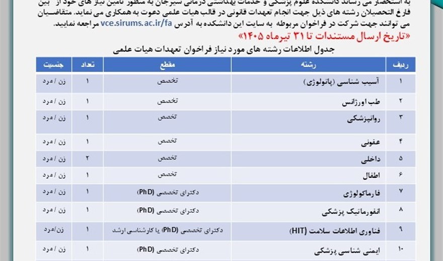 فراخوان جذب نیروی هیات علمی طرح تعهد خدمت1405